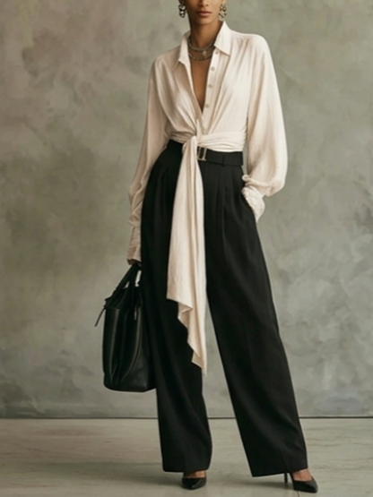 Tied Waist Solid Color Buttoned Belt Buckle Wide Leg Long Sleeves Lapel Two Pieces Set Trousers Pants Blouses&shirts Tops