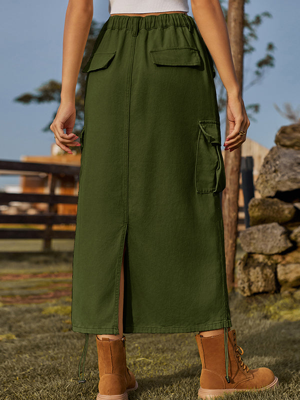 Jupe trapèze ample avec cordon de serrage et poches élastiques, couleur unie, dos fendu 