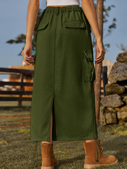 Jupe trapèze ample avec cordon de serrage et poches élastiques, couleur unie, dos fendu 