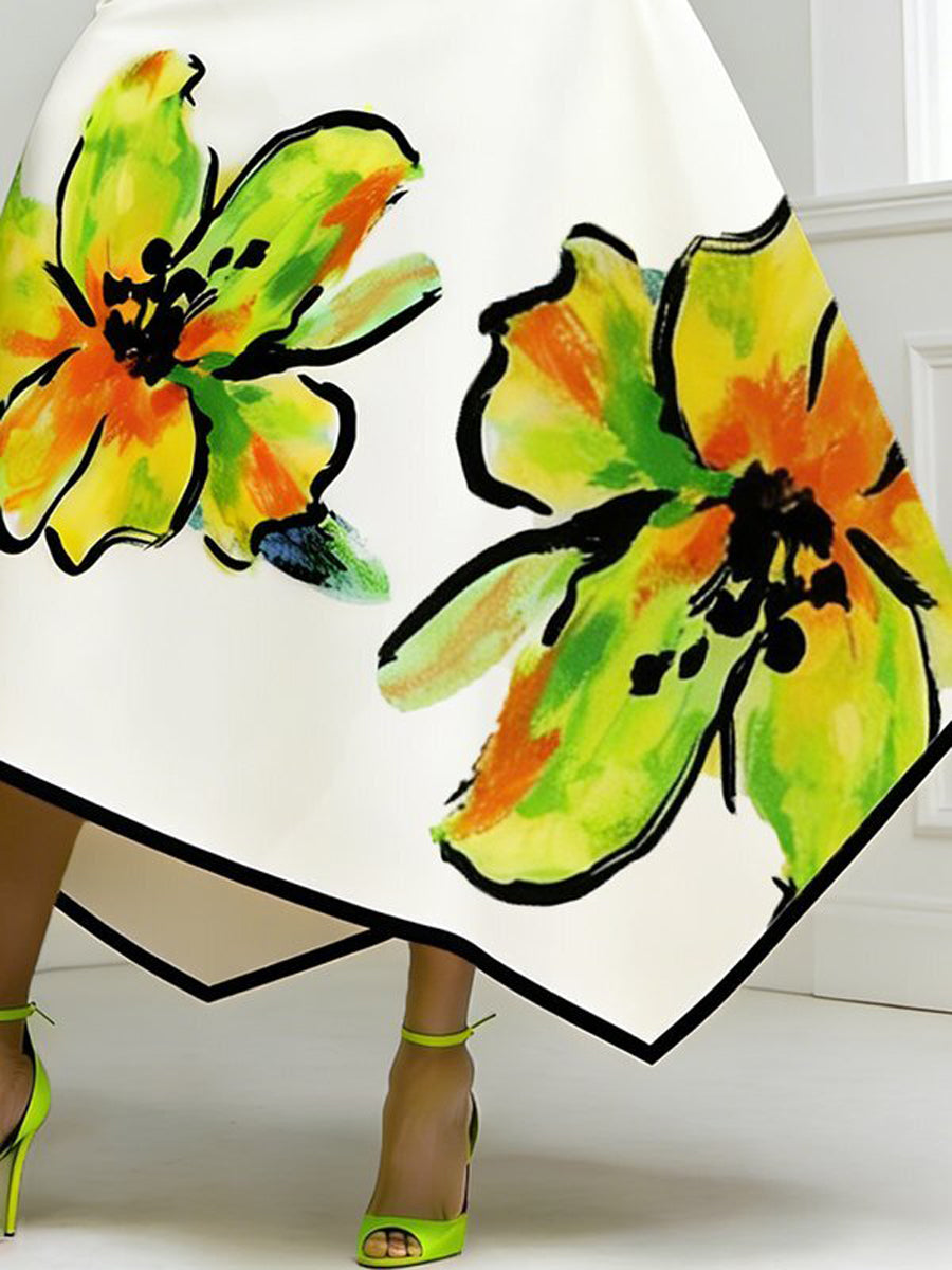 A-Line High Waisted Flower Print Pockets Skirts Bottoms