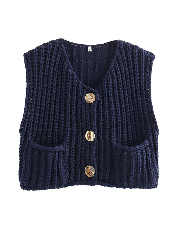 Loose Sleeveless Buttoned Pockets V-Neck Vest Outerwear