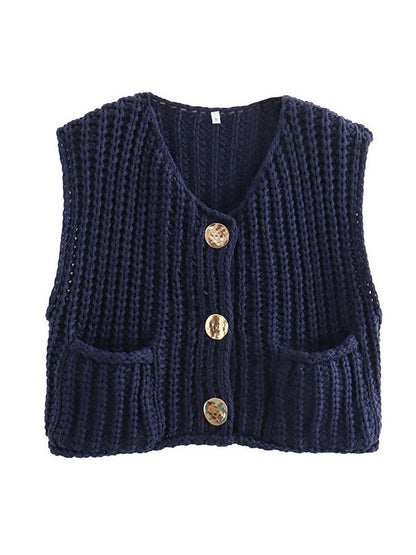 Loose Sleeveless Buttoned Pockets V-Neck Vest Outerwear