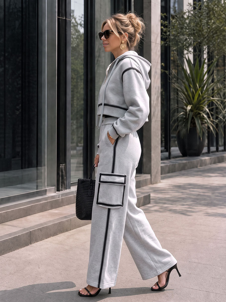 Zipper Ribbed Drawstring Contrast Color Long Sleeves Cropped Hooded Outerwear