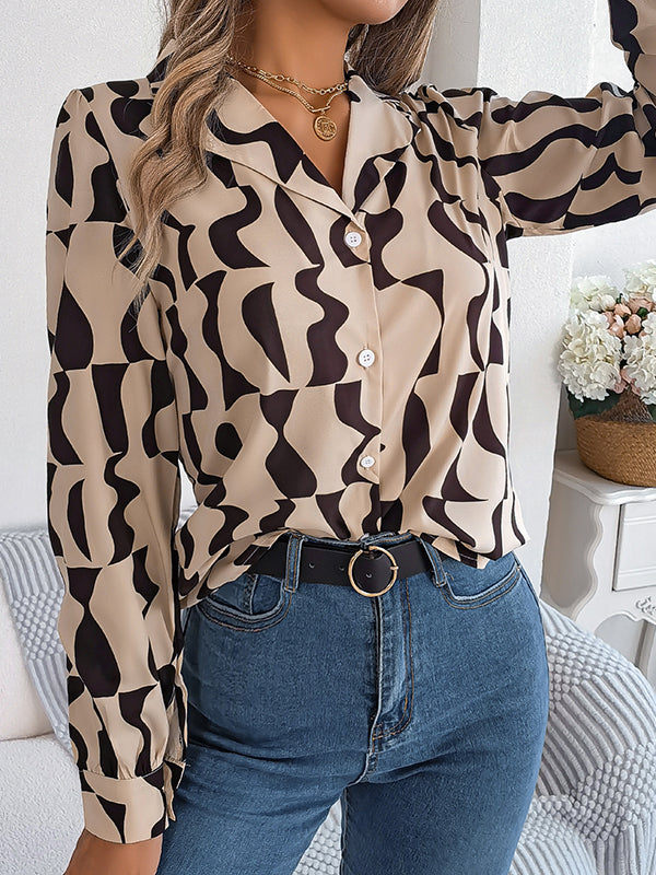 Long Sleeves Buttoned Contrast Color Notched Collar Blouses&Shirts Tops
