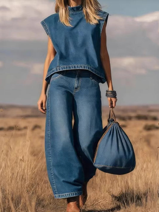 High Waisted Loose Pockets Solid Color Mock Neck Suits Vest Top + Pants Bottom Two Pieces Set