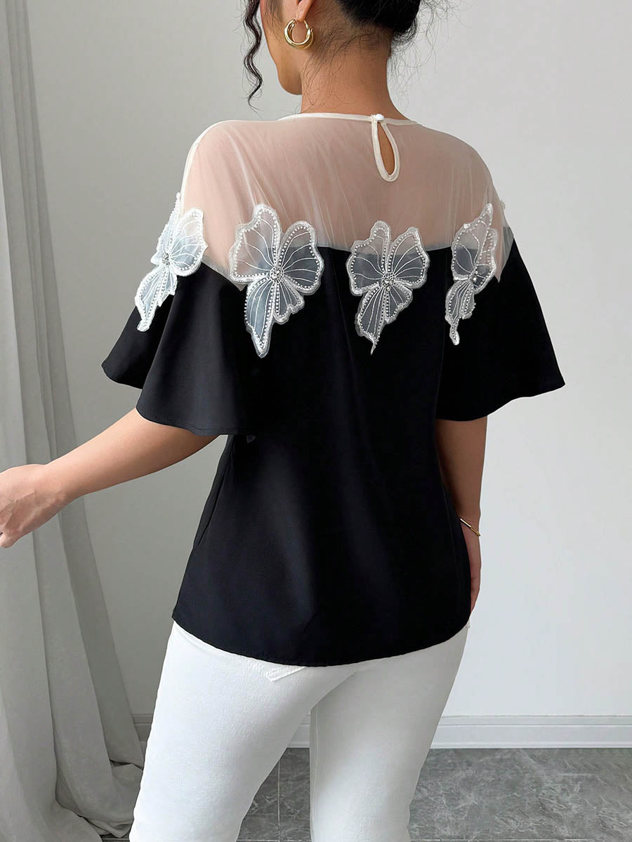 Batwing Sleeves Half Sleeves Contrast Color Mesh Split-Joint Three-Dimensional Flower Round-Neck Blouses&Shirts Tops
