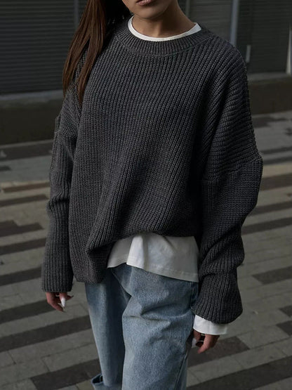 Long Sleeves Loose Solid Color Split-Joint Round-Neck Sweater Tops