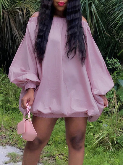 Mini-robes amples à manches longues et épaules dénudées, couleur unie et élastique 