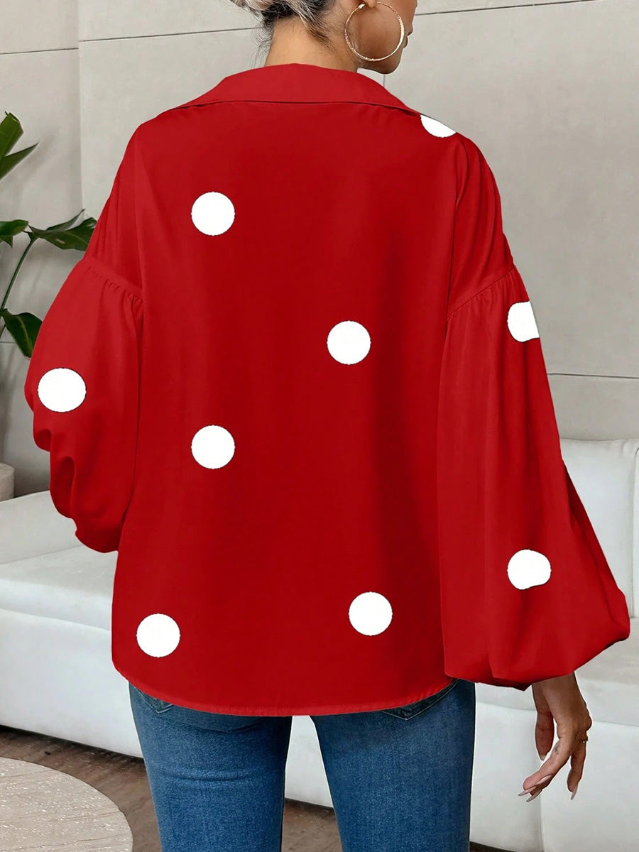 Long Sleeves Loose Contrast Color Pleated Polka Dot Split-Joint Lapel Blouses&Shirts Tops