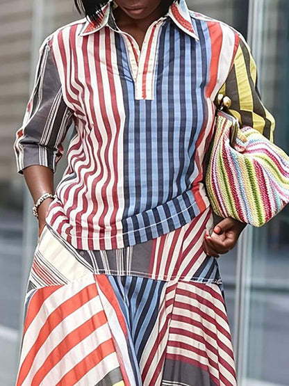 Striped Contrast Color Three-quarter Sleeves Loose Lapel Blouses&shirts Tops