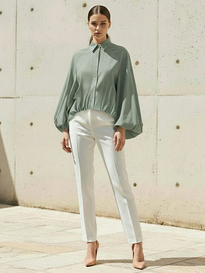 High-Low Puff Sleeves Buttoned Solid Color Split-Joint Lapel Blouses