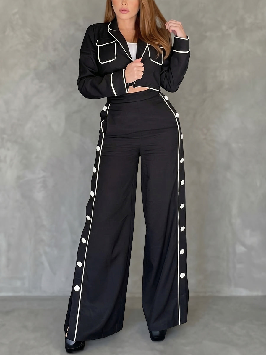 High Waisted Wide Leg Buttoned Contrast Color Line Pockets Pants Trousers