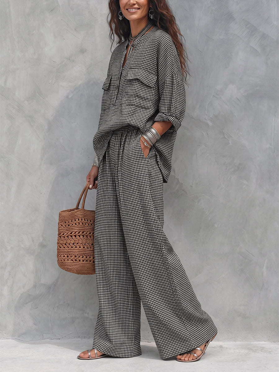 Pockets Plaid Elasticity Contrast Color Wide Leg Loose Trousers Pants