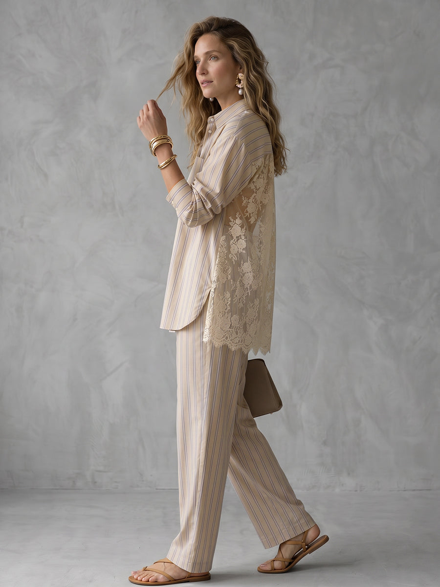 High-Low Long Sleeves Buttoned Pockets See-Through Split-Joint Striped Lapel Blouses&Shirts Tops