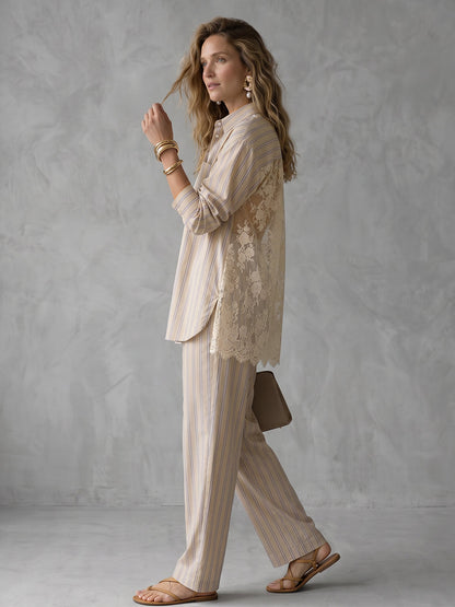 High-Low Long Sleeves Buttoned Pockets See-Through Split-Joint Striped Lapel Blouses&Shirts Tops