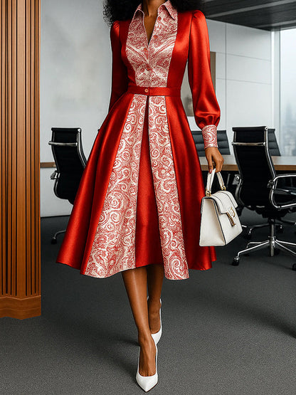 A-Line High Waisted Buttoned Flower Print Pleated Lapel Midi Dresses
