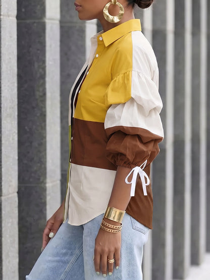 Tied Split-Joint Elasticity Contrast Color Buttoned Three-quarter Sleeves Puff Sleeves Lapel Blouses&shirts Tops