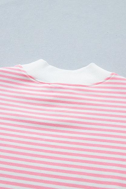 Sky Blue Stripe Cuffed Sleeve Contrast Mock Neck Tee Casual 2pcs Short Set