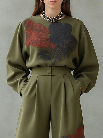 Long Sleeves Floral Printed Split-Joint Round-Neck Blouses&Shirts Tops