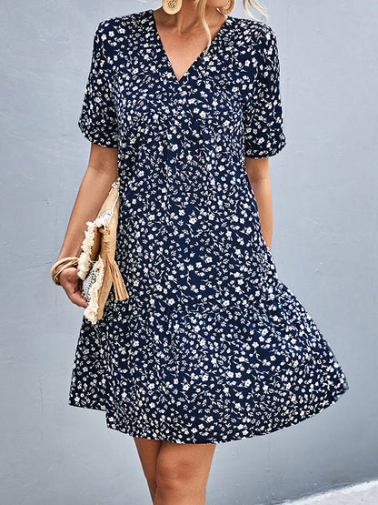 Short Sleeves Flower Print Split-Joint V-Neck Mini Dresses