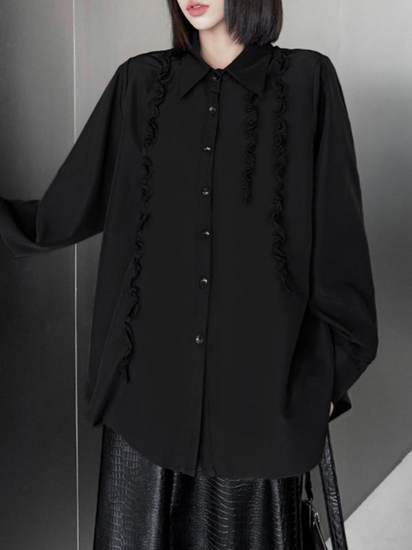 Hipster Long Sleeves Buttoned Falbala Ruffled Solid Color Split-Joint Lapel Blouses&Shirts Tops