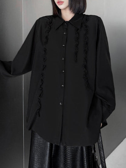 Hipster Long Sleeves Buttoned Falbala Ruffled Solid Color Split-Joint Lapel Blouses&Shirts Tops