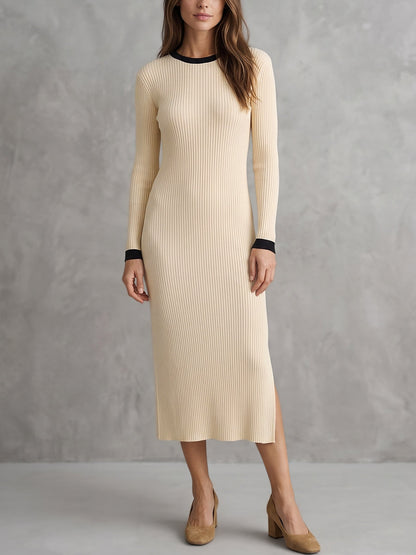 Split-side Contrast Color Long Sleeves Bodycon Round-neck Midi Dresses