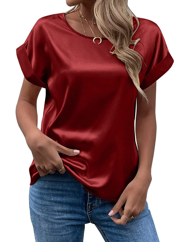 Loose Short Sleeves Solid Color Round-Neck T-Shirts Tops BURGUNDY