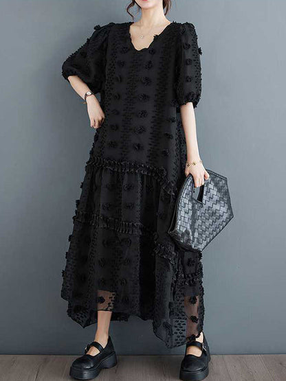 A-Line Half Sleeves Elasticity Jacquard Solid Color Split-Joint V-Neck Midi Dresses