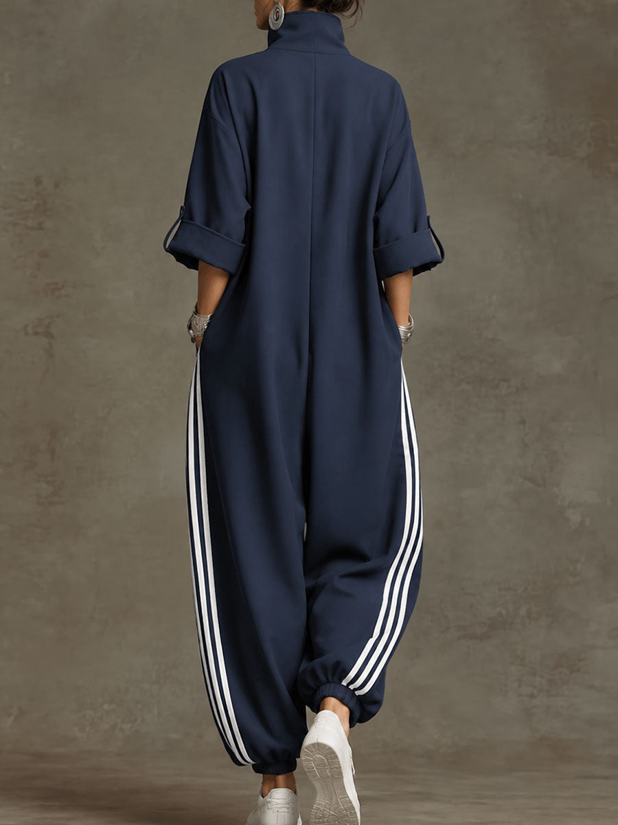 Zipper Striped Pockets Elasticity Drawstring Contrast Color Buttoned Wide Leg Three-quarter Sleeves Stand Collar Jumpsuits