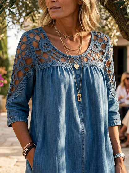 Loose Three-Quarter Sleeves Hollow Pleated Solid Color Blouses&Shirts Tops