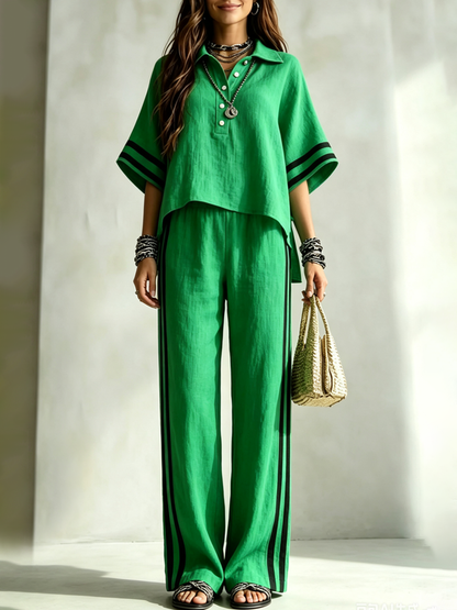 Striped Pockets Elasticity Contrast Color Wide Leg High Waisted Trousers Pants