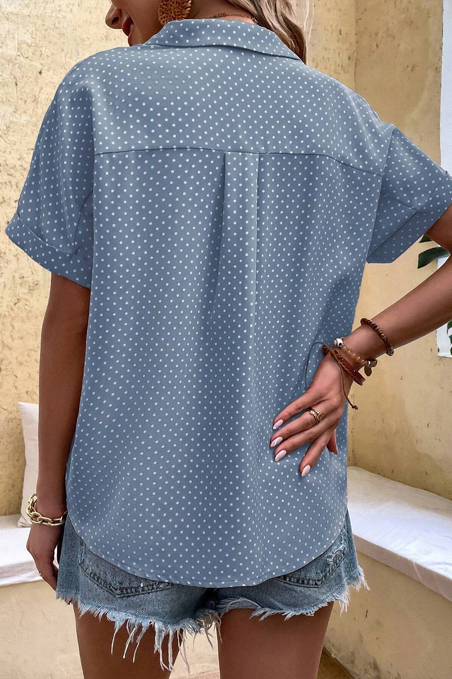 Khaki Dotted Print Cuffed Short Sleeve Shirt