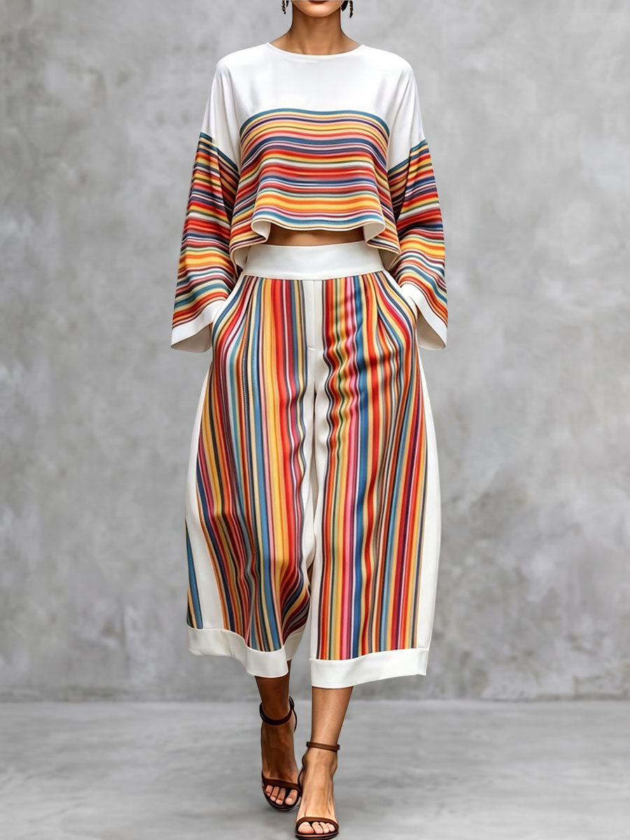 Striped Contrast Color Colorful Long Sleeves Flared Sleeves Round-neck Blouses&shirts Tops