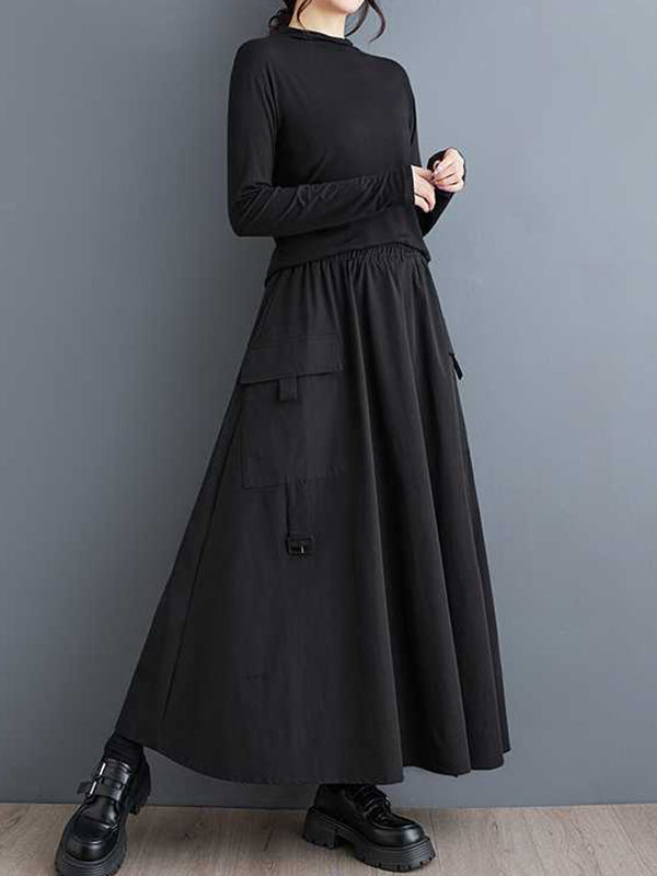 A-Line Loose Elasticity Pleated Pockets Solid Color Split-Joint Skirts Bottoms