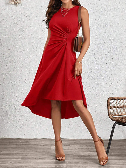 A-Line High Waisted Asymmetric Pleated Solid Color Split-Joint Round-Neck Midi Dresses
