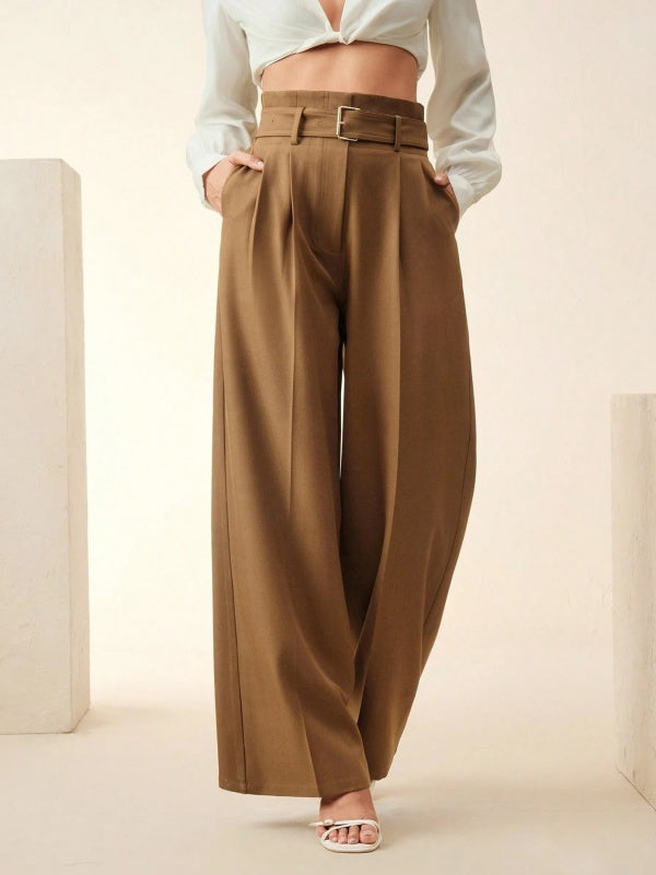Loose Straight Leg Belted Pockets Solid Color Zipper Casual Pants Bottoms Trousers