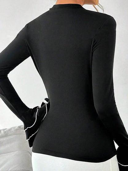 Flared Sleeves Long Sleeves Split-Joint Tiered Round-Neck T-Shirts Tops