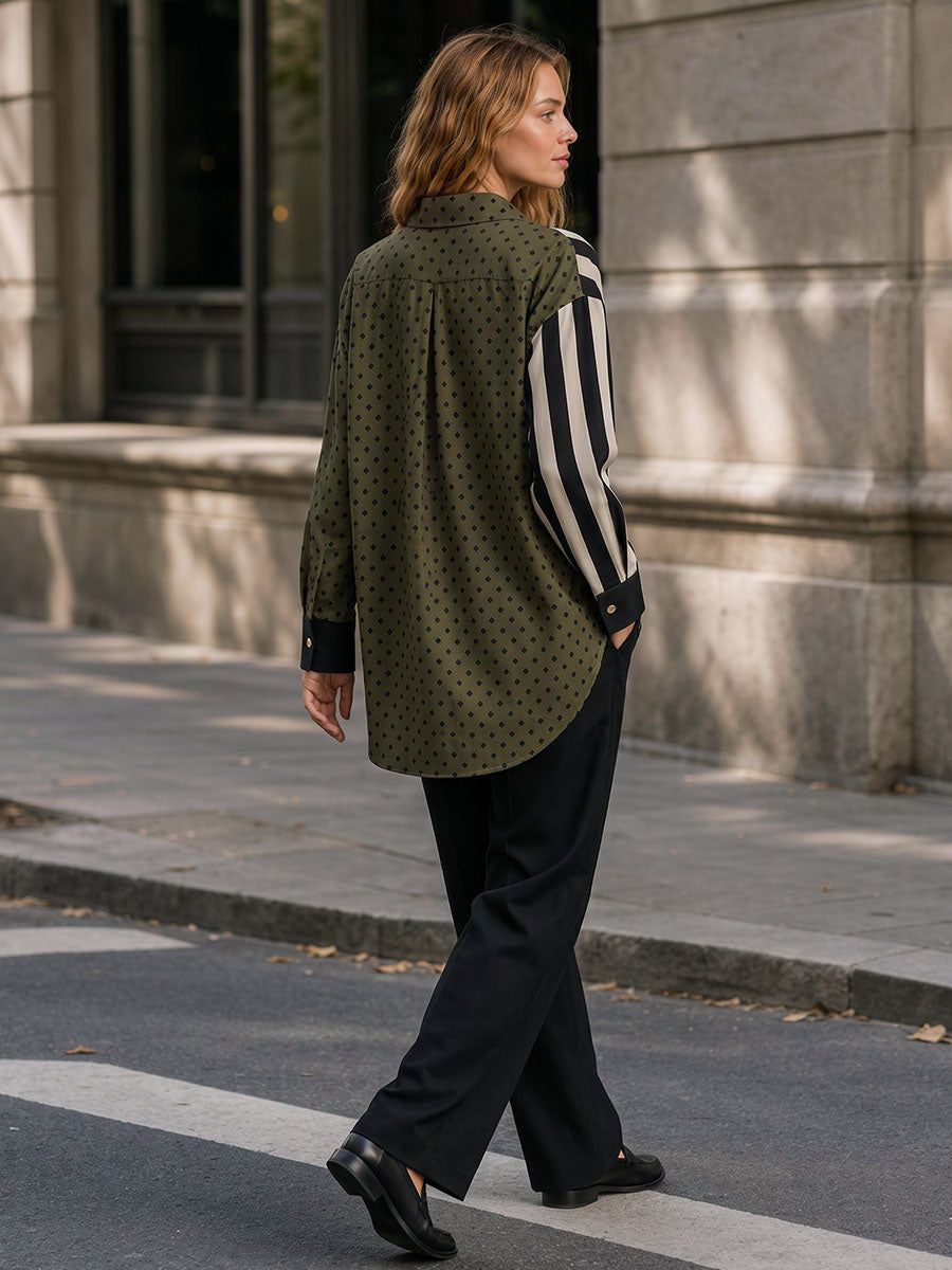 Striped Split-Joint Polka-Dot Buttoned Asymmetric Loose Long Sleeves Lapel Blouses&shirts Tops