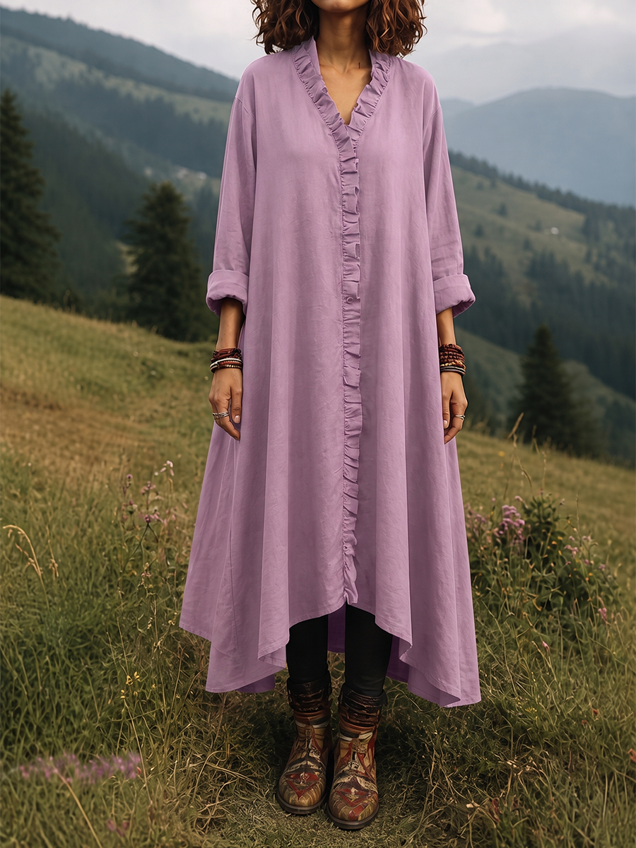 Split-Joint Solid Color Ruffled Loose Long Sleeves V-neck Midi Dresses