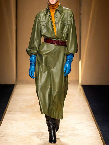 Long Sleeves Loose Buttoned No Belt Pockets Solid Color Split-Joint Lapel Midi Dresses