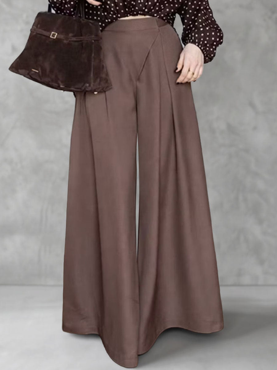 Solid Color Pockets Pleated Wide Leg High Waisted Trousers Pants