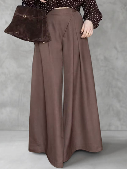 Solid Color Pockets Pleated Wide Leg High Waisted Trousers Pants
