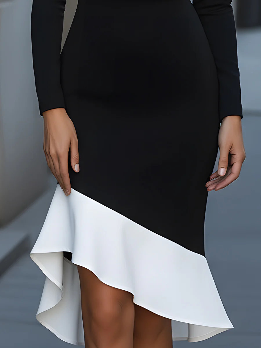 High Waisted Long Sleeves Ruffled Round-Neck Midi Dresses