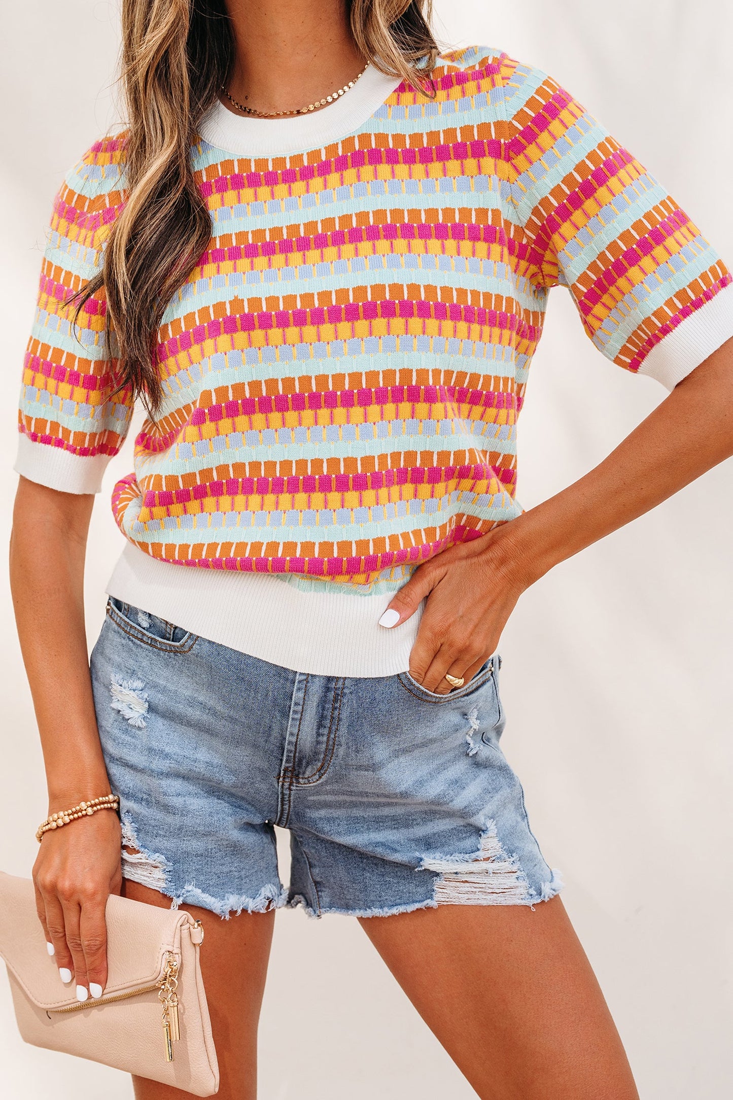 Rose Red Abstract Striped Knit Short Sleeve Sweater