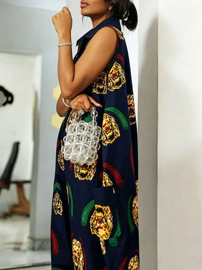 Loose Sleeveless Pockets Printed Lapel Jumpsuits