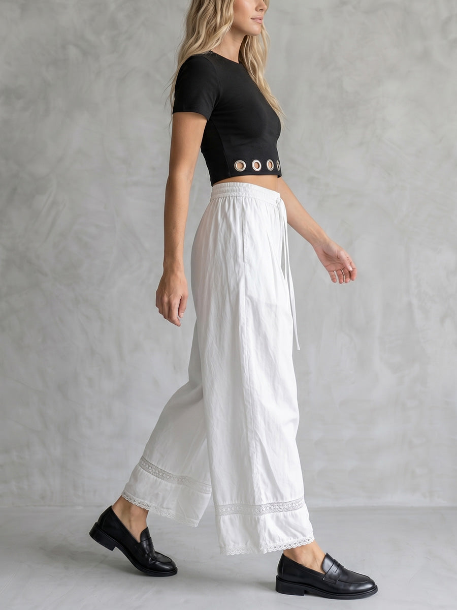 High Waisted Wide Leg Drawstring Elasticity Hollow Pockets Solid Color Split-Joint Pants Trousers
