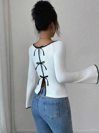 Long Sleeves Contrast Color Ribbed Knit Split-Joint Round-Neck Blouses&Shirts Tops