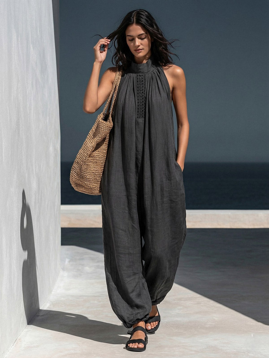 Loose Sleeveless Hollow Pockets Solid Color Mock Neck Jumpsuits