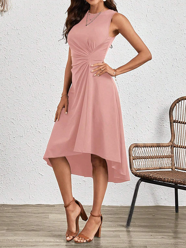 A-Line High Waisted Asymmetric Pleated Solid Color Split-Joint Round-Neck Midi Dresses